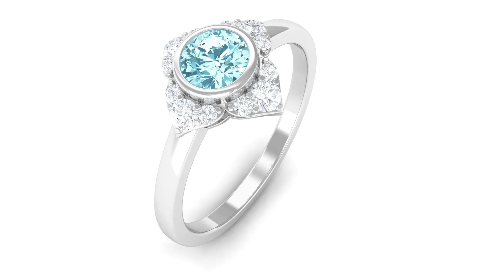 0.50 CT Bezel Set Aquamarine Flower Engagement Ring with Diamond