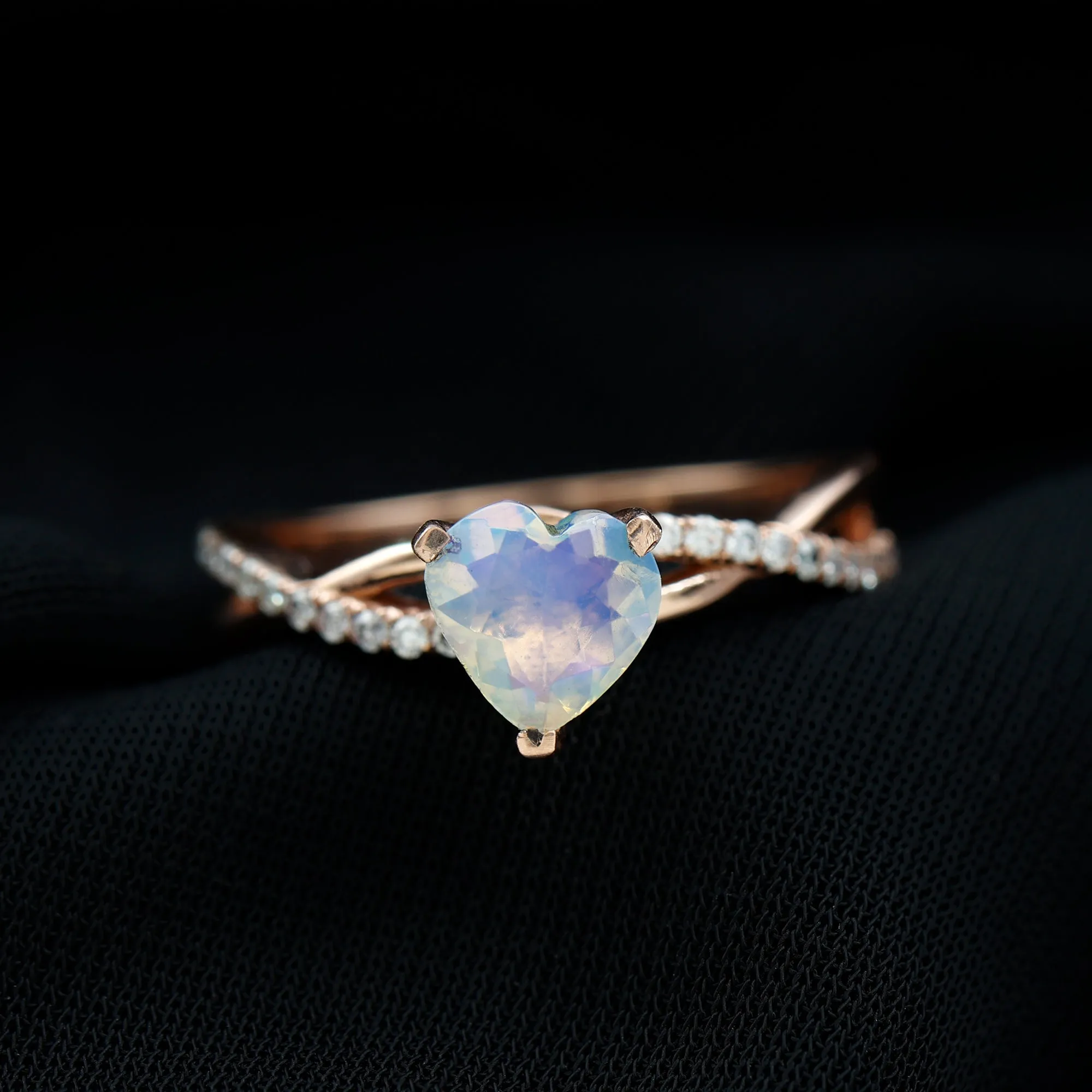 1 CT Heart Shape Ethiopian Opal Crossover Engagement Ring with Diamond