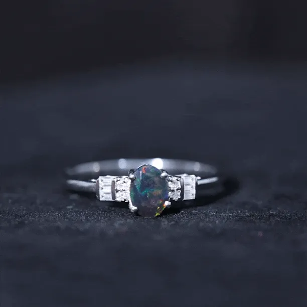 1 CT Natural Oval Cut Black Opal Classic Engagement Ring with Diamond