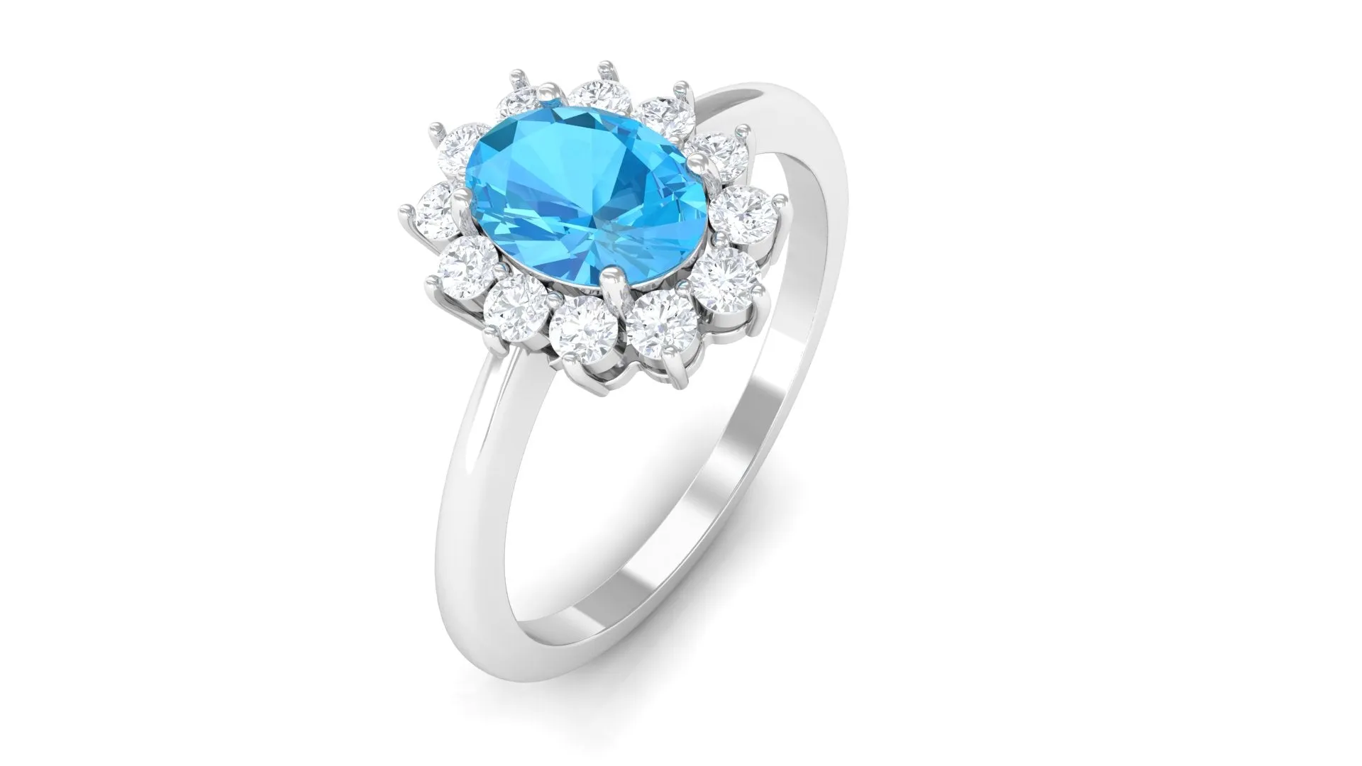 1 CT Princess Diana Inspired Oval Shape Swiss Blue Topaz Engagement Ring Diamond Halo