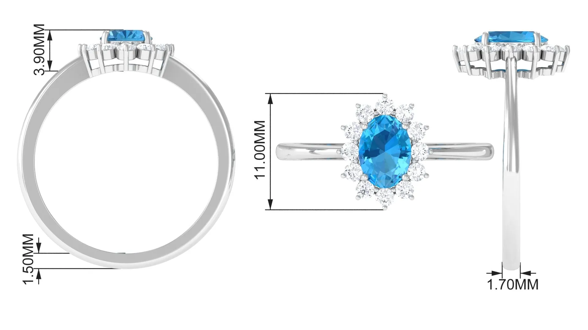 1 CT Princess Diana Inspired Oval Shape Swiss Blue Topaz Engagement Ring Diamond Halo