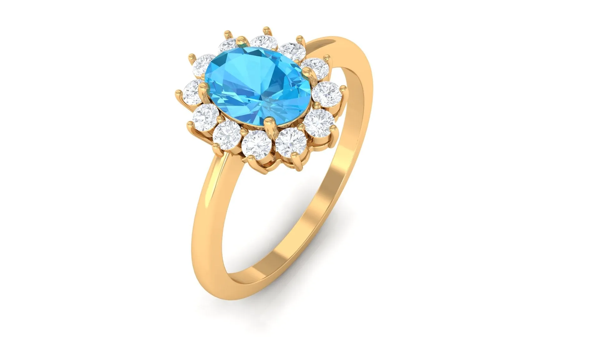 1 CT Princess Diana Inspired Oval Shape Swiss Blue Topaz Engagement Ring Diamond Halo