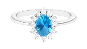 1 CT Princess Diana Inspired Oval Shape Swiss Blue Topaz Engagement Ring Diamond Halo