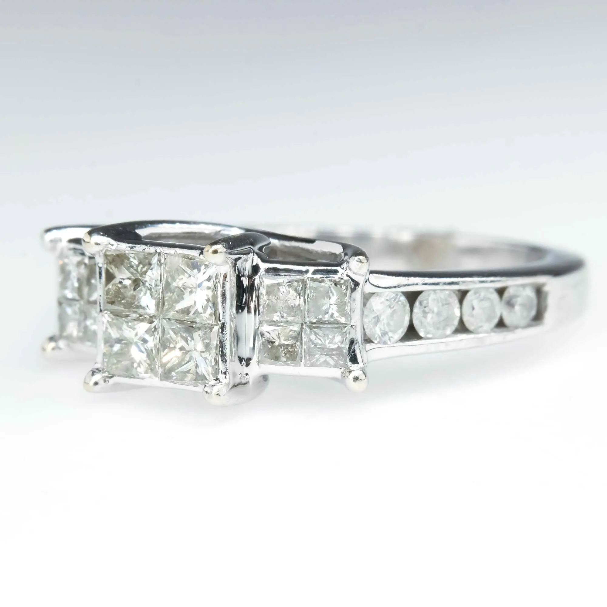 1.00ctw Princess Three Stone Cluster Diamond Engagement Ring in 10K White Gold