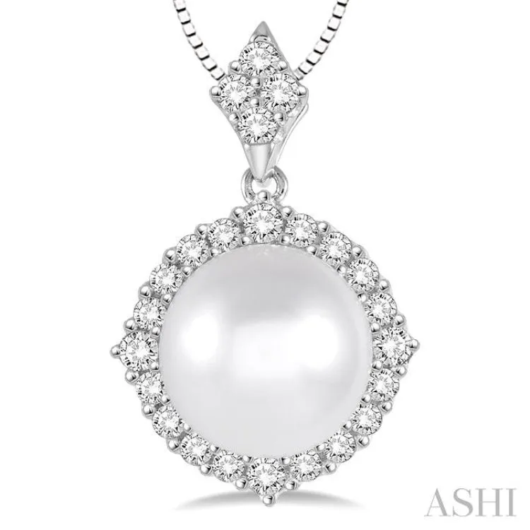 10x10 MM White Cultured Pearl and 1/2 Ctw Round Cut Diamond Pendant in 14K White Gold with chain