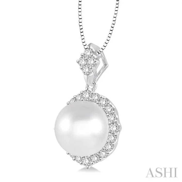 10x10 MM White Cultured Pearl and 1/2 Ctw Round Cut Diamond Pendant in 14K White Gold with chain