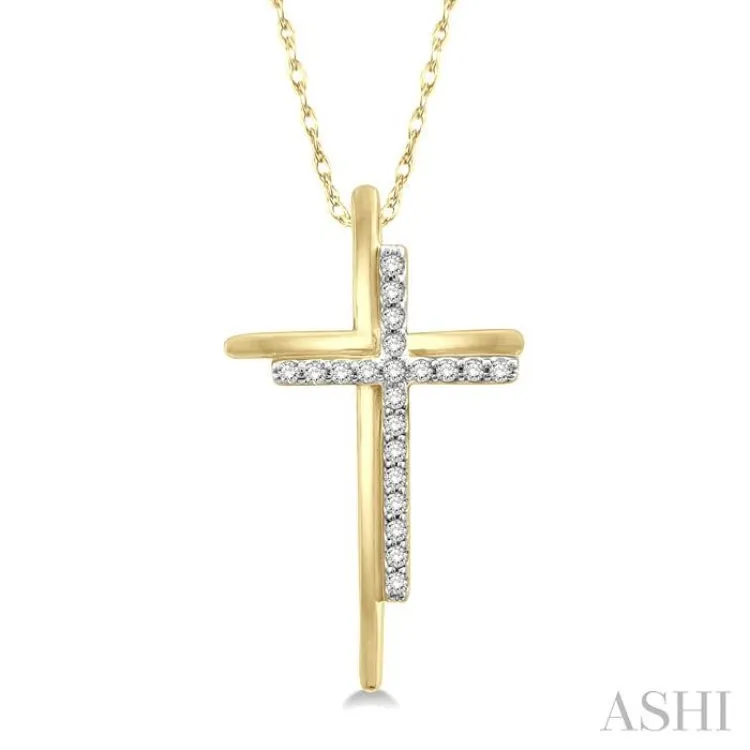 1/10 Ctw Double Cross Round Cut Diamond Pendant With Link Chain in 10K Yellow Gold