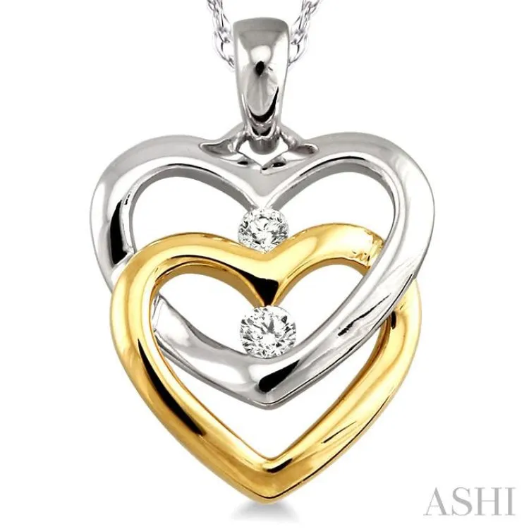 1/10 Ctw Twins Heart Round Cut Diamond Pendant in 14K White and Yellow Gold with Chain