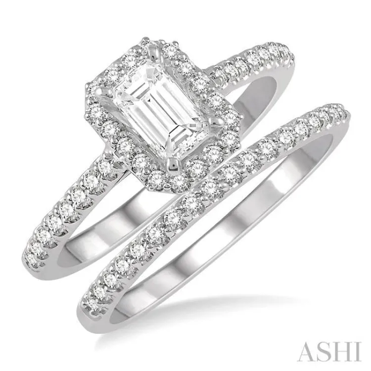 1/2 Ctw Diamond Wedding Set With 3/8 Ctw Octagon Shape Emerald Cut Center Engagement Ring and 1/10 Ctw Wedding Band in 14K White Gold