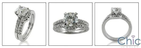 1.25 Round Center Stone CZ Engagement Ring with Curved Cubic Zirconia Wedding Band 14k White Gold Matching Set