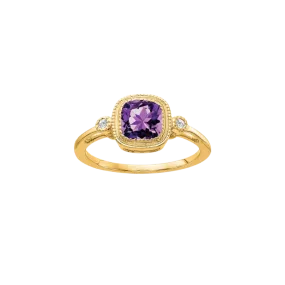 14k Gold Cushion Amethyst and Diamond Ring