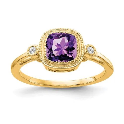 14k Gold Cushion Amethyst and Diamond Ring