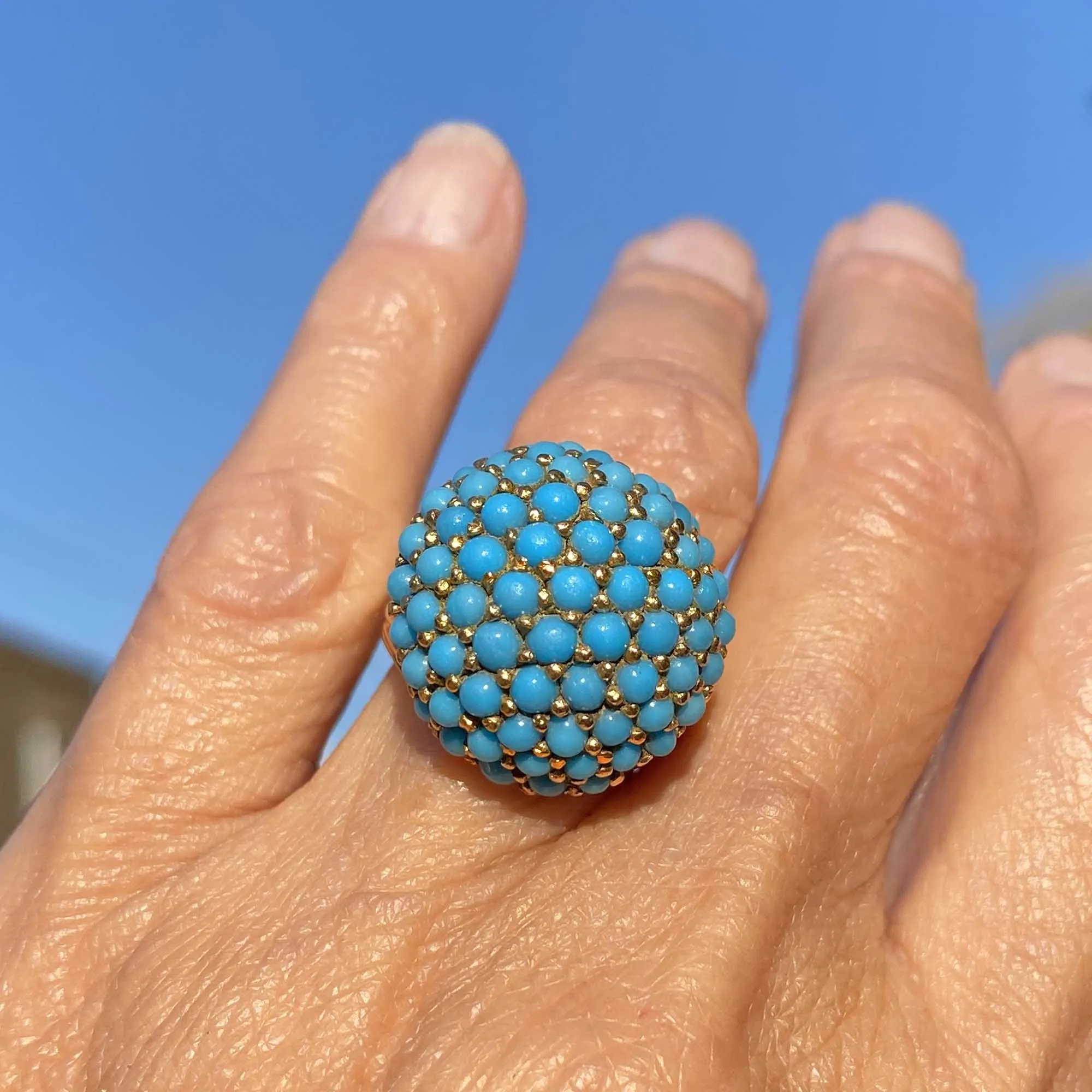 14K Gold Pave Turquoise Dome Bombe Ring