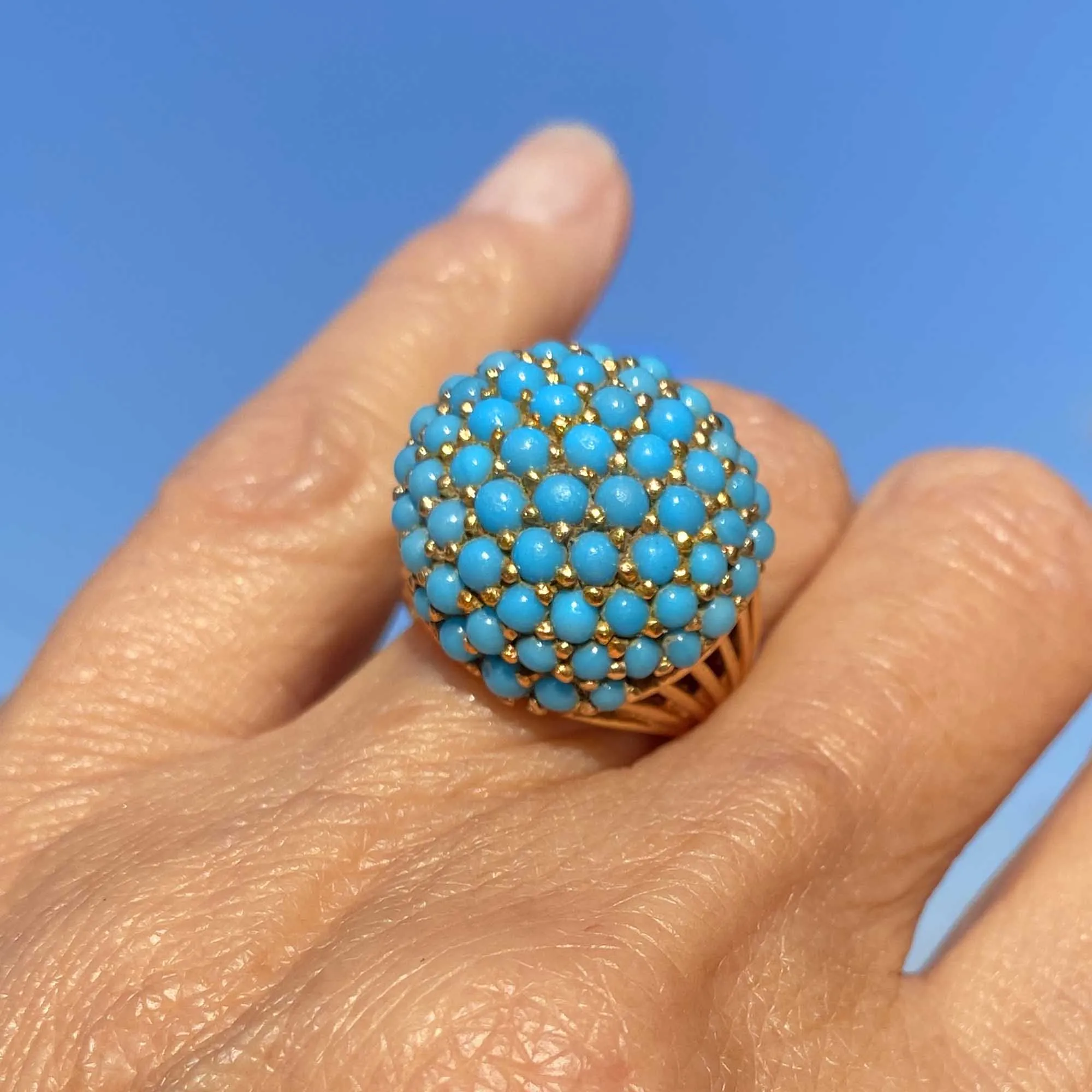 14K Gold Pave Turquoise Dome Bombe Ring