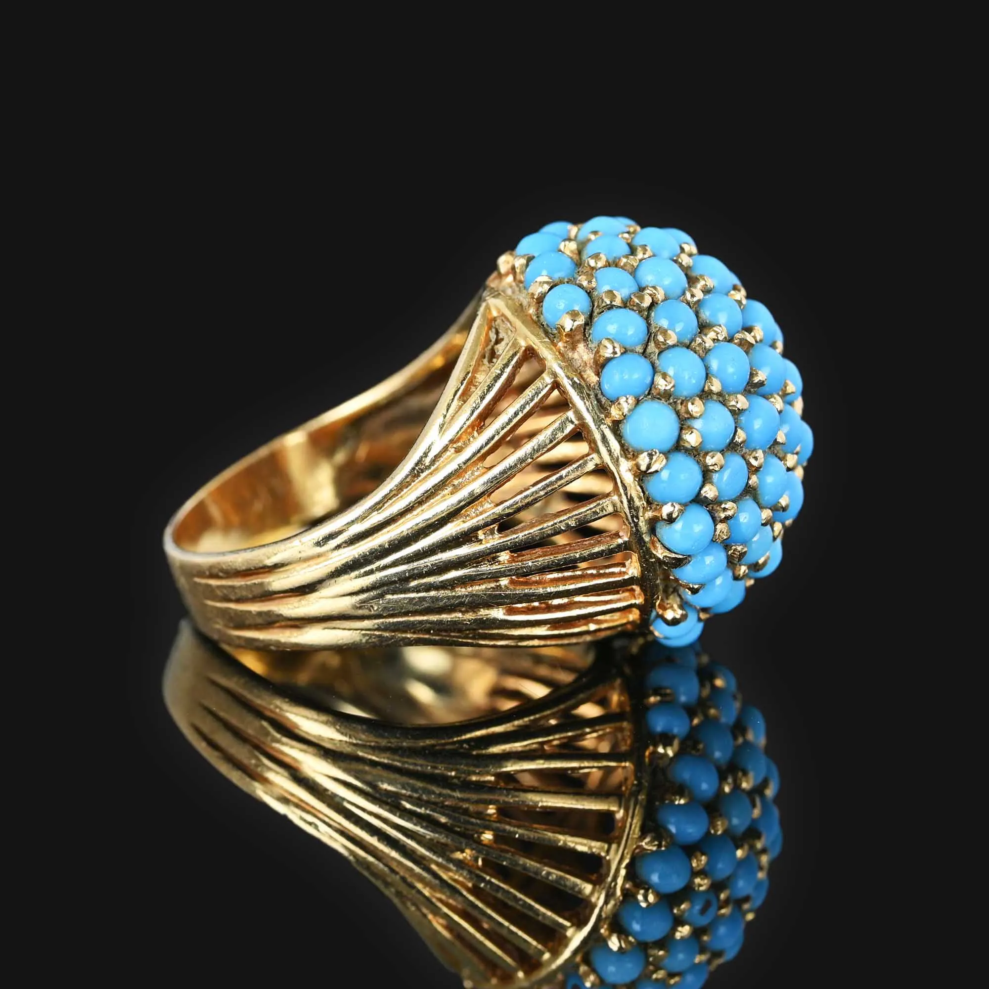 14K Gold Pave Turquoise Dome Bombe Ring