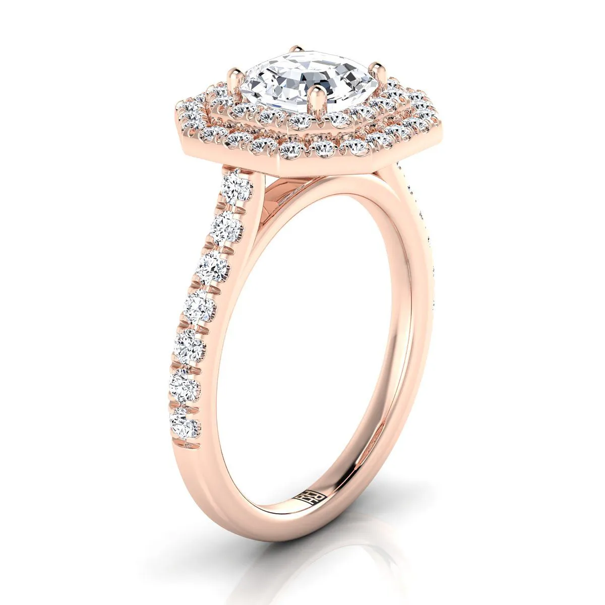 14K Rose Gold Asscher Cut Double Pave Halo with Linear Diamond Engagement Ring -7/8ctw