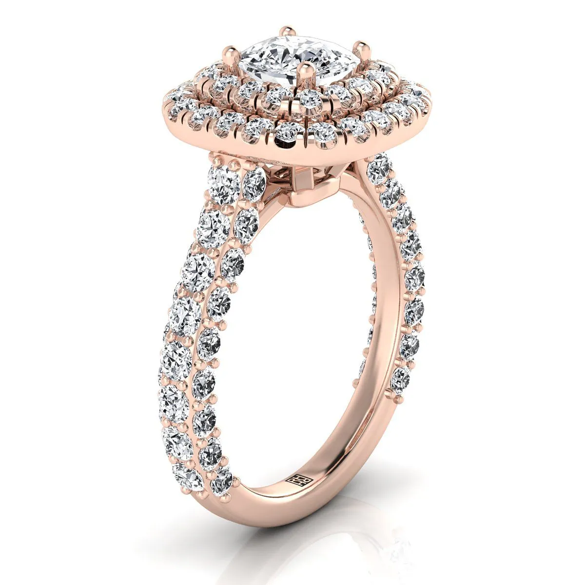 14K Rose Gold Cushion Diamond Bold and Fancy Double Halo French Pave Engagement Ring -2ctw