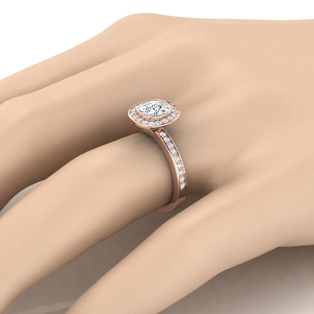 14K Rose Gold Cushion Diamond Matching Halo and Channel Band Engagement Ring -3/8ctw