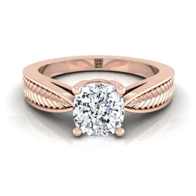 14K Rose Gold Cushion Vintage Inspired Leaf Pattern Pinched Solitaire Engagement Ring