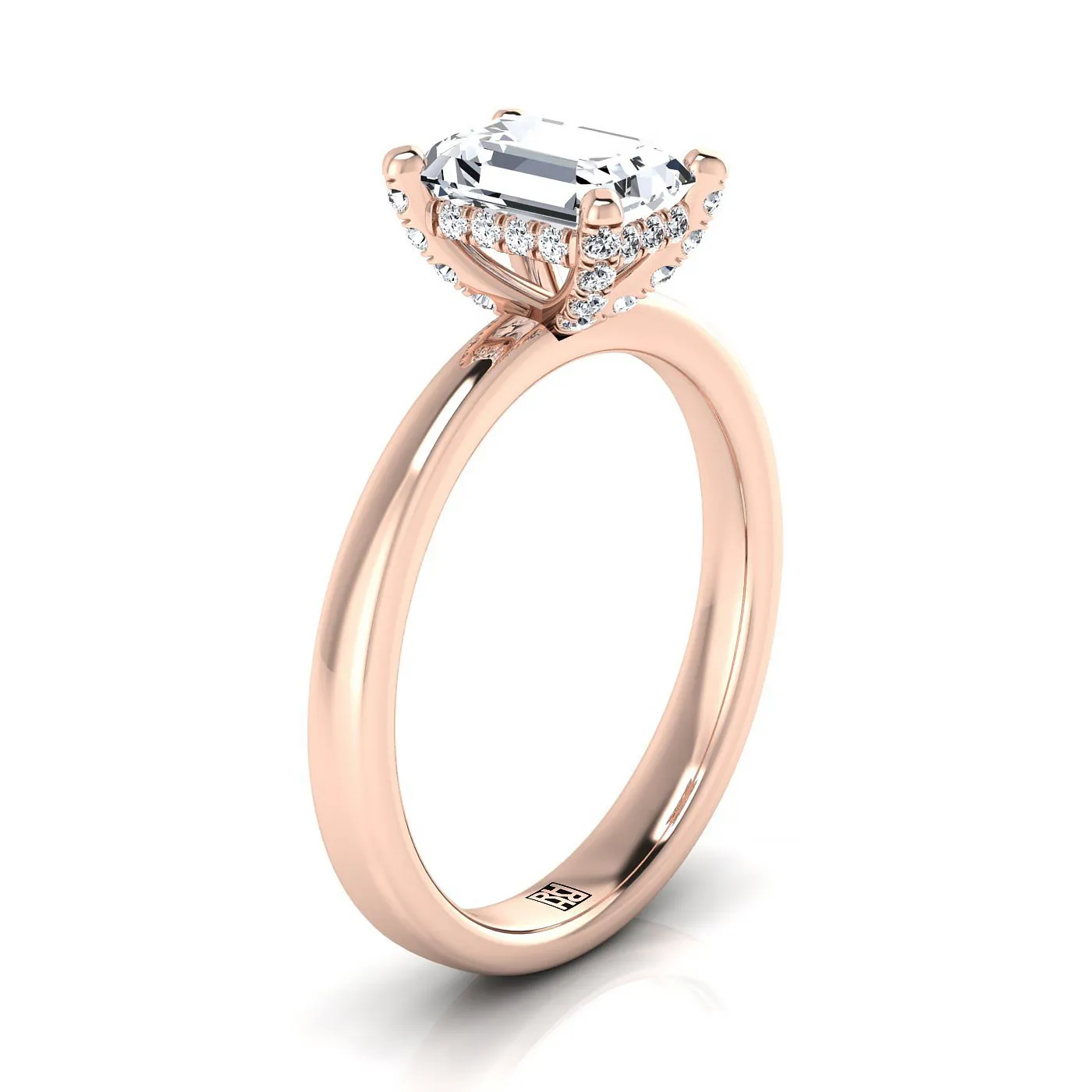 14K Rose Gold Emerald Cut Diamond Adorned Claws and Secret Halo Solitaire Engagement Ring -1/10ctw