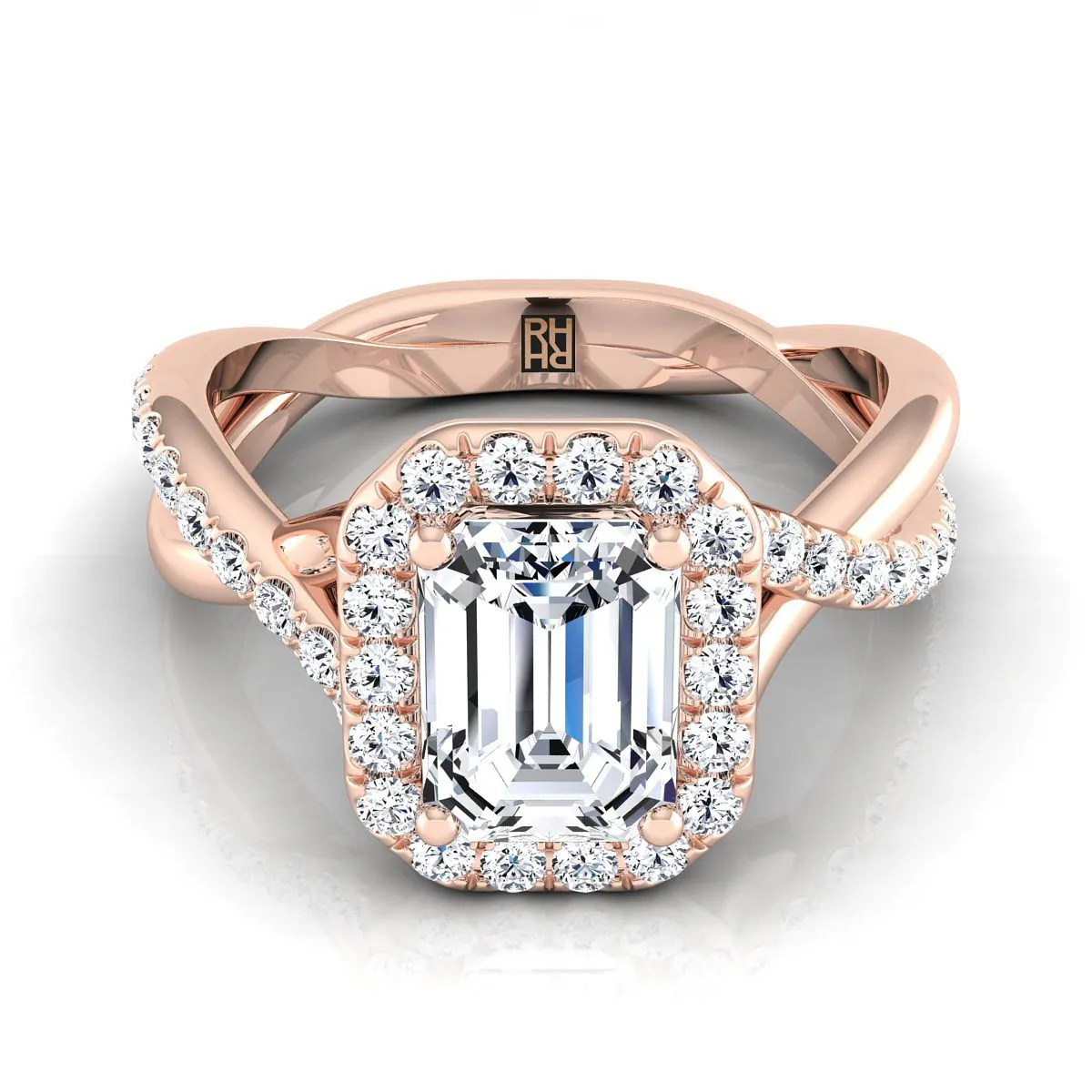 14K Rose Gold Emerald Cut Diamond Twisted Vine Halo Engagement Ring -1/2ctw