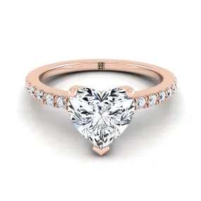 14K Rose Gold Heart Shape Center Simple Linear Diamond Pave Engagement Ring -1/5ctw