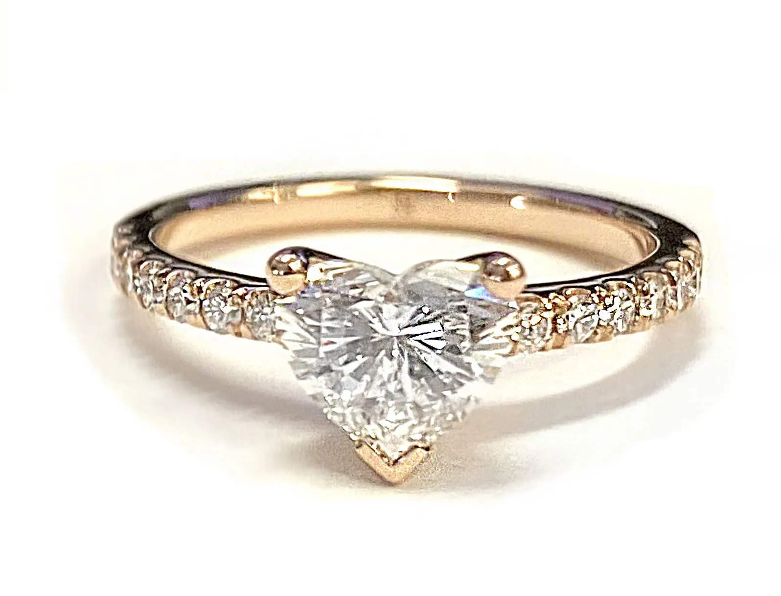 14K Rose Gold Heart Shape Center Simple Linear Diamond Pave Engagement Ring -1/5ctw