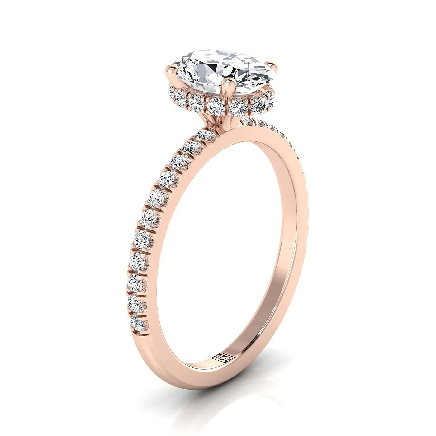 14K Rose Gold Oval Diamond Secret Diamond Halo French Pave Solitaire Engagement Ring -1/3ctw