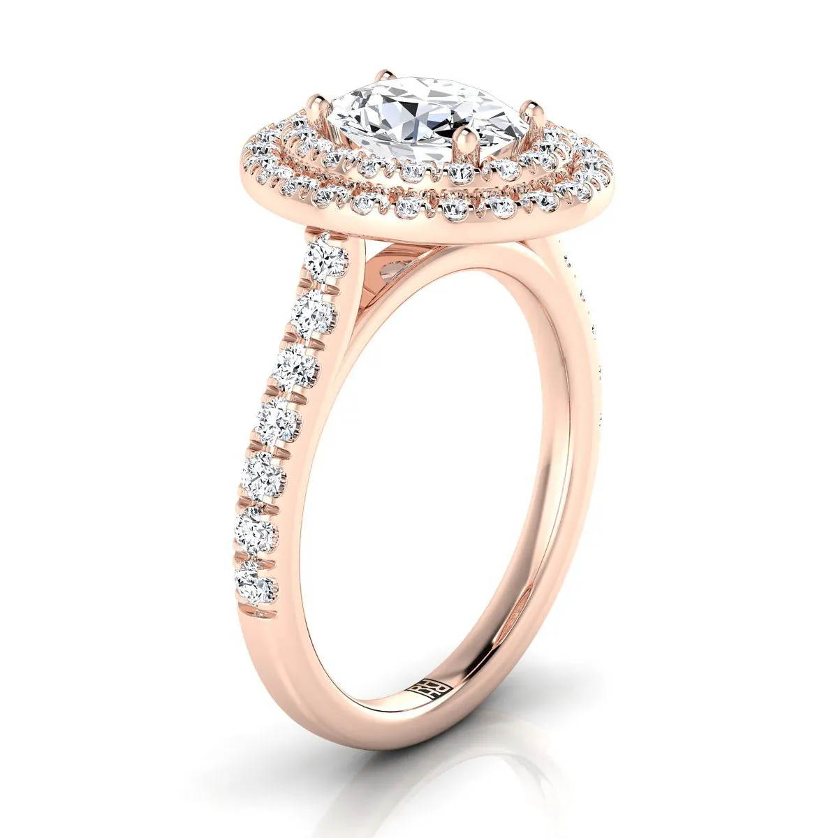 14K Rose Gold Oval Double Pave Halo with Linear Diamond Engagement Ring -7/8ctw