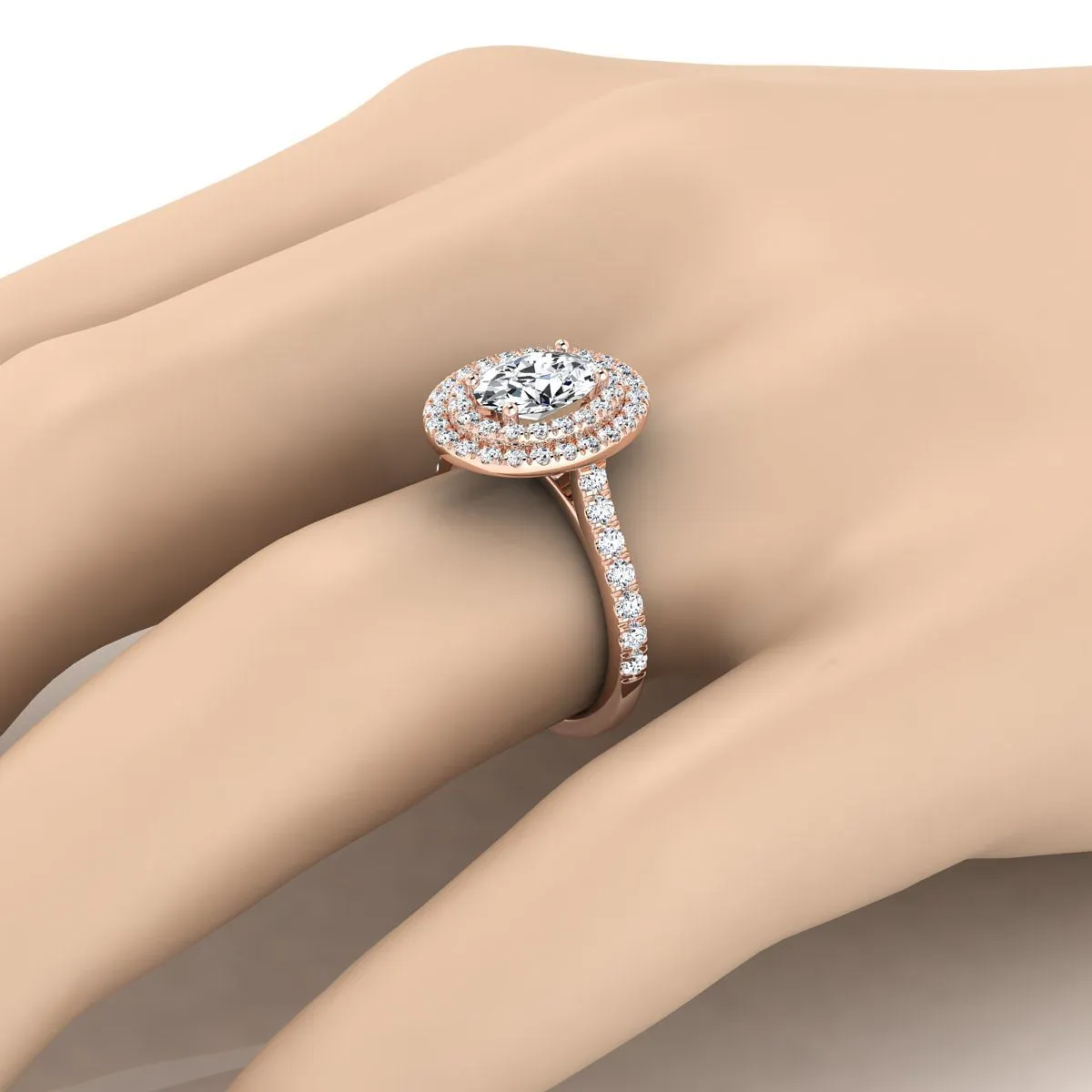 14K Rose Gold Oval Double Pave Halo with Linear Diamond Engagement Ring -7/8ctw