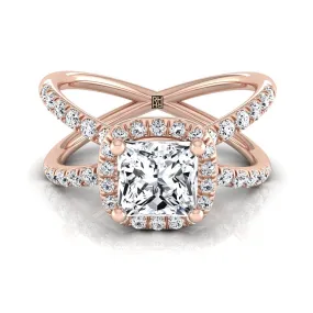 14K Rose Gold Princess Cut Diamond Open Criss Cross French Pave Engagement Ring -1/2ctw