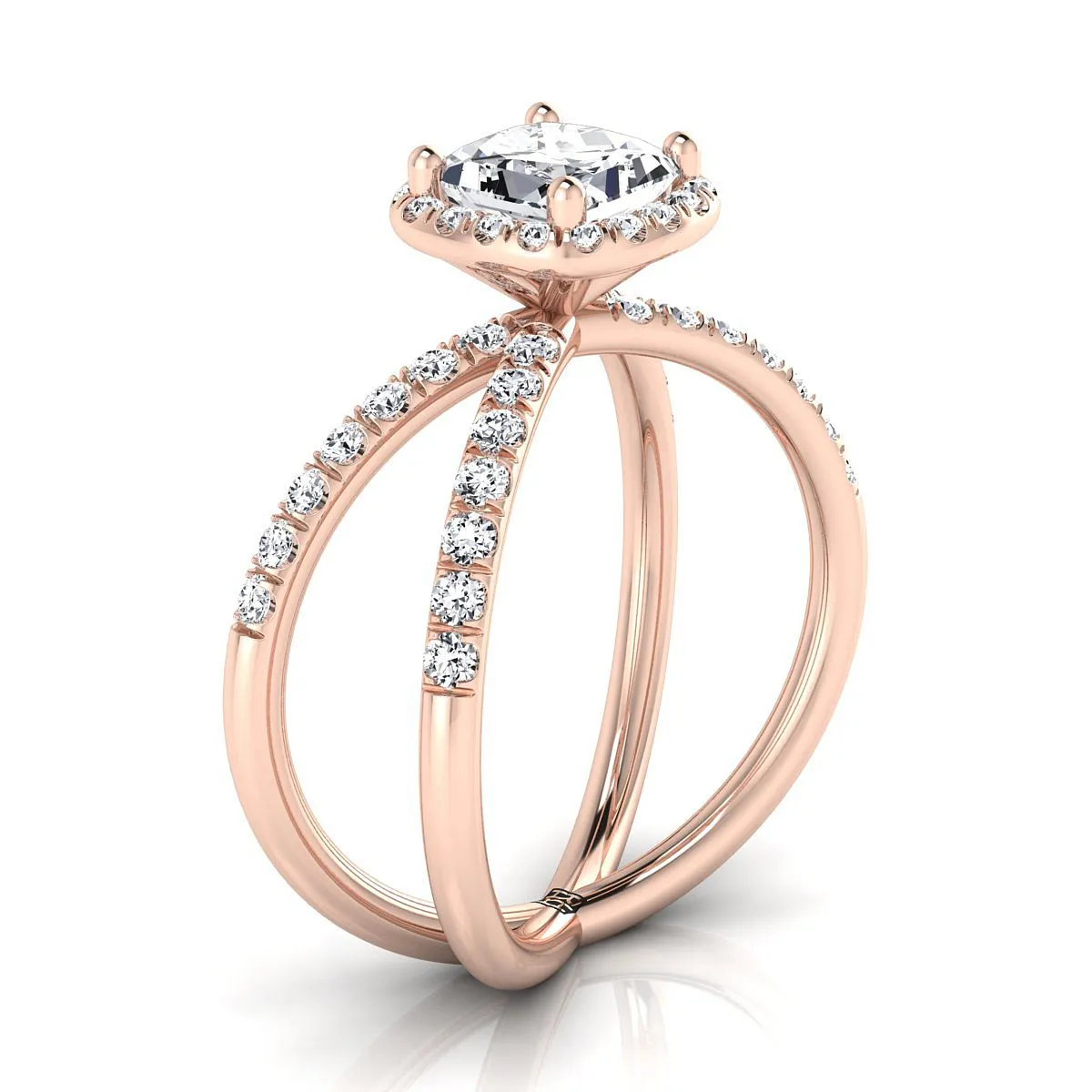 14K Rose Gold Princess Cut Diamond Open Criss Cross French Pave Engagement Ring -1/2ctw