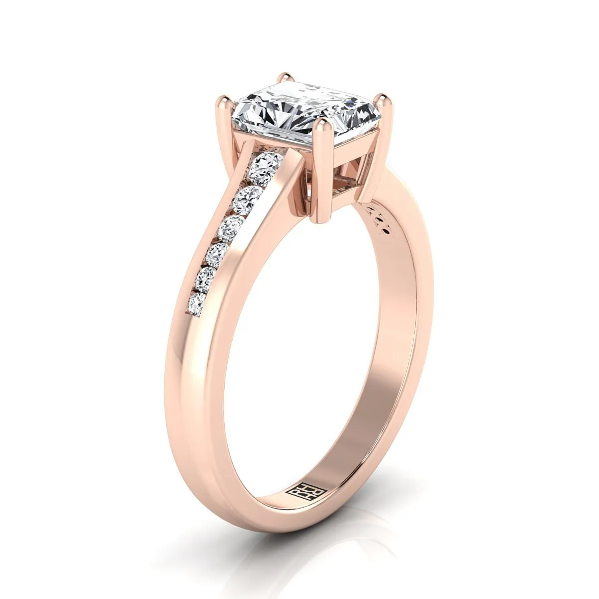 14K Rose Gold Radiant Cut Center Contemporary Tapered Diamond Channel Engagement Ring -1/6ctw