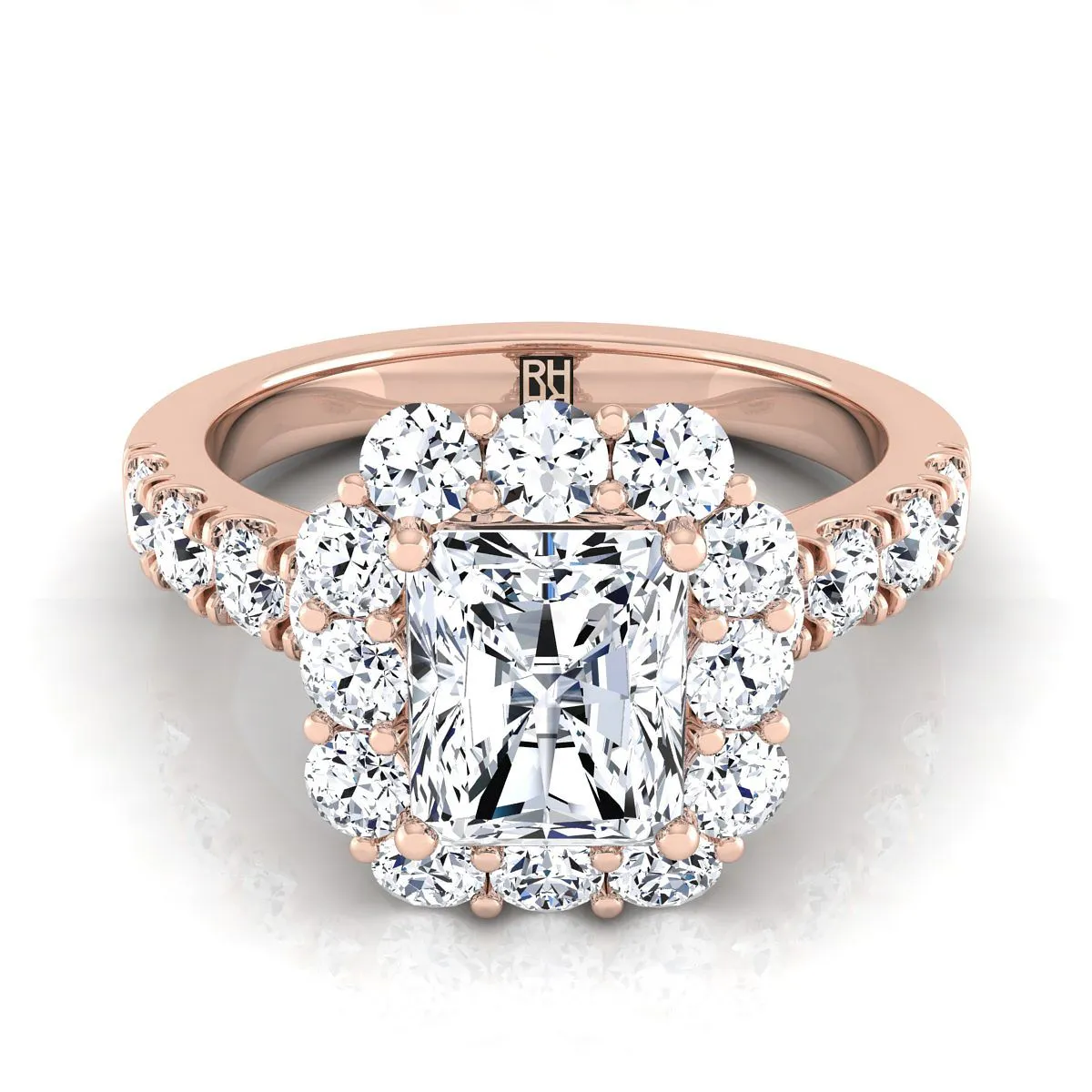 14K Rose Gold Radiant Cut Center Diamond Luxe Style French Pave Halo Engagement Ring -1-1/10ctw