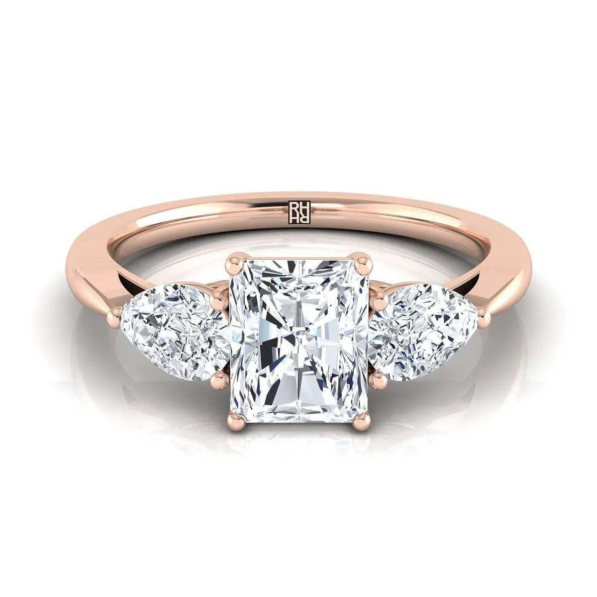 14K Rose Gold Radiant Cut Center Diamond Perfectly Matched Pear Shaped Three Diamond Engagement Ring -7/8ctw