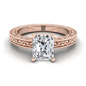 14K Rose Gold Radiant Cut Center Hand Engraved Scroll Vintage Solitaire Engagement Ring