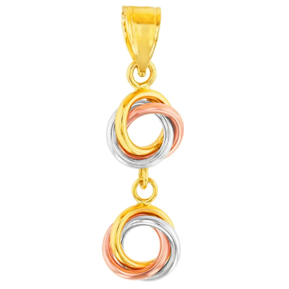 14K Tri-Color Gold Double Love Knot Dangling Pendant Necklace