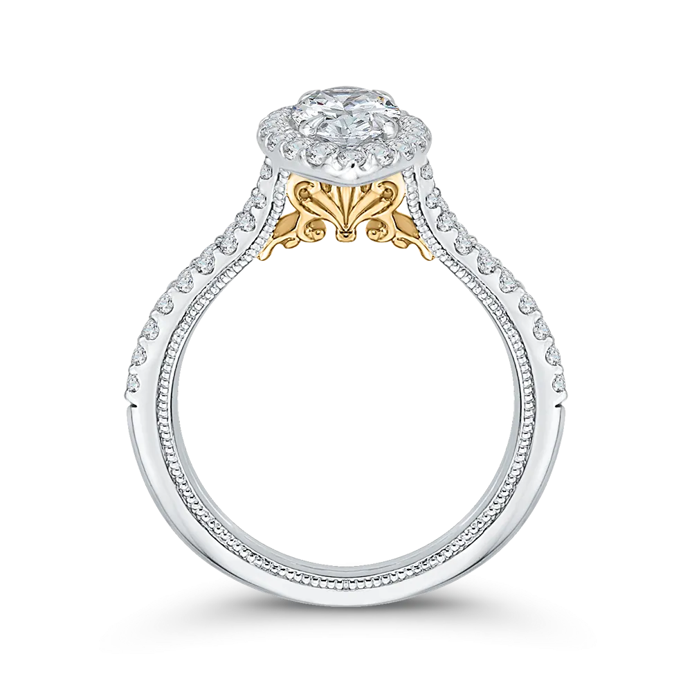 14K Two Tone Gold Marquise Diamond Halo Vintage Engagement Ring with Split Shank (Semi Mount)