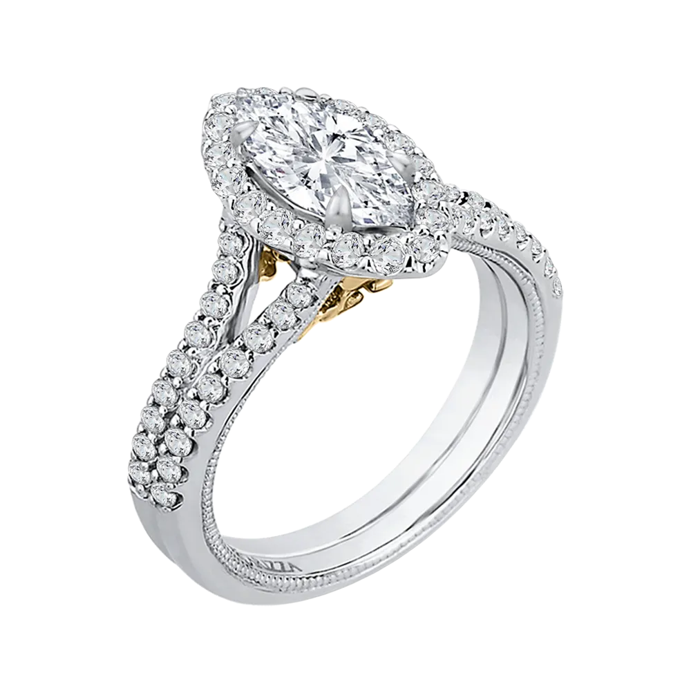 14K Two Tone Gold Marquise Diamond Halo Vintage Engagement Ring with Split Shank (Semi Mount)