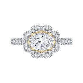 14K Two Tone Gold Oval Diamond Halo Engagement Ring (Semi Mount)