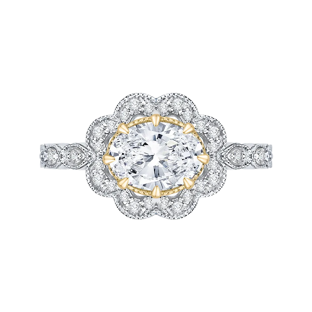 14K Two Tone Gold Oval Diamond Halo Engagement Ring (Semi Mount)