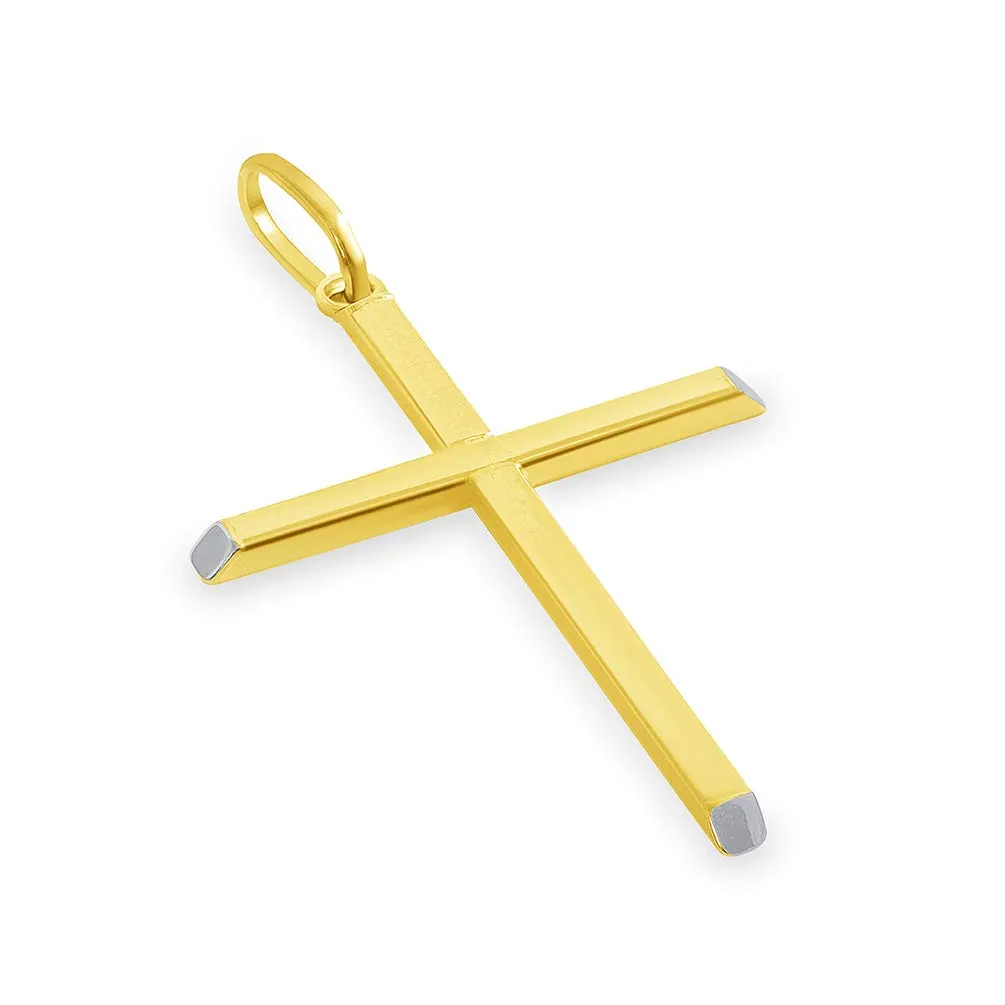 14k Two-Tone Gold Slender Slanted Edge Plain Religious Cross Pendant Necklace