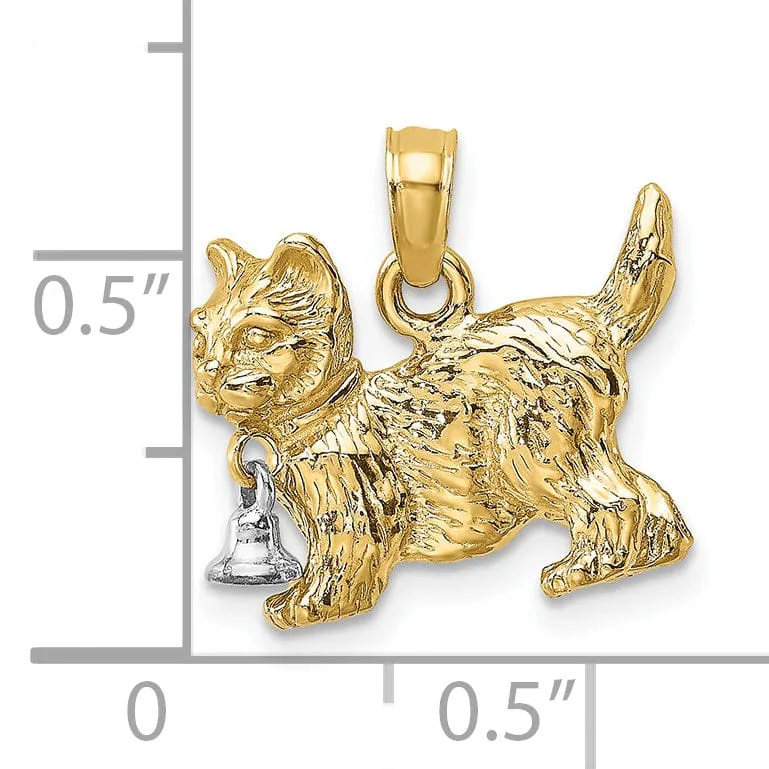 14k Two-Tone Gold Textured Polished Finish 3-Dimensional With Moveable Dangling Bell Cat Charm Pendant