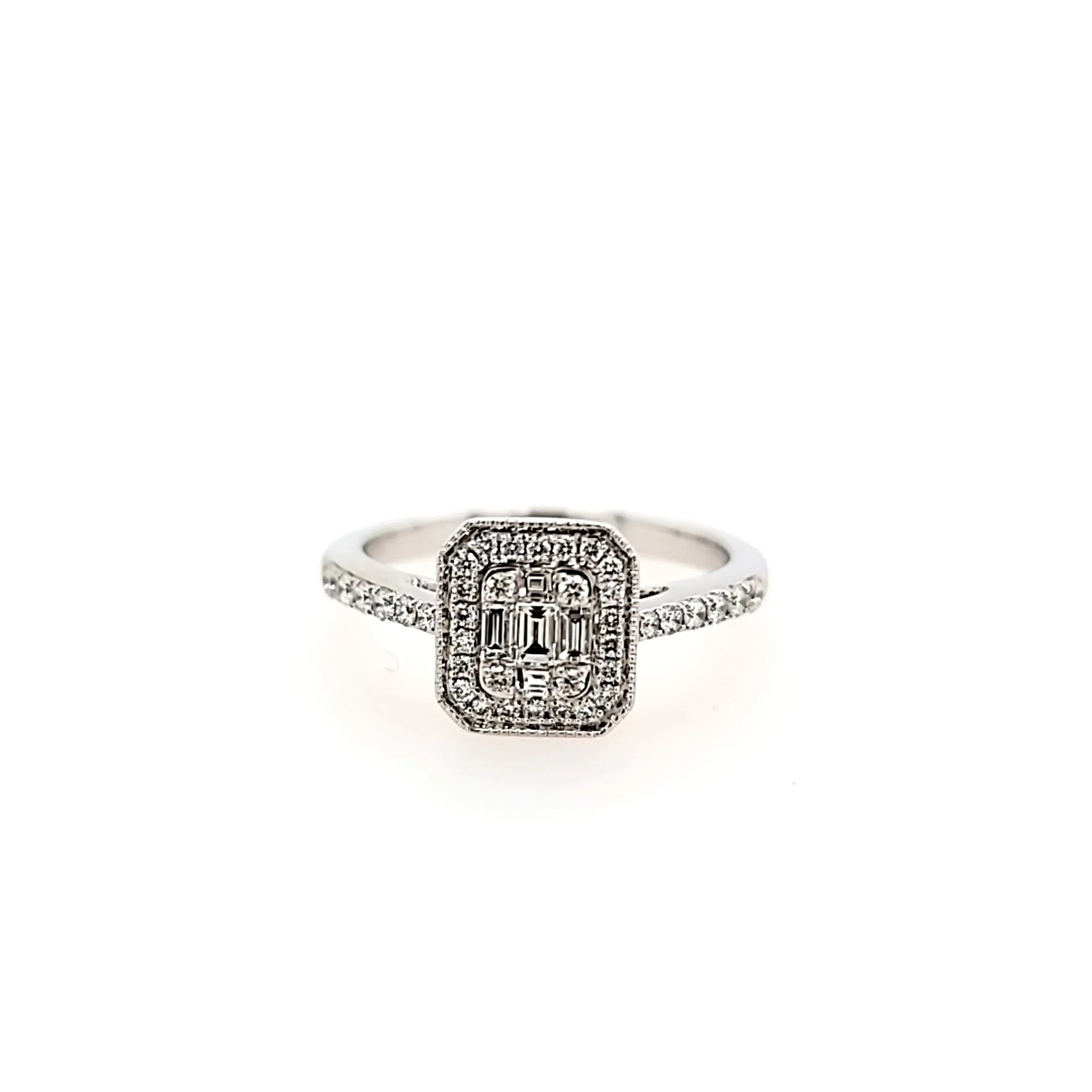 14k White Gold Baguette & Round Diamond Cluster Engagement Ring (I4193)