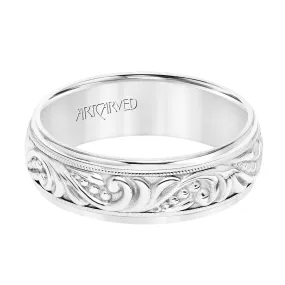 14K White Gold Engraved Band