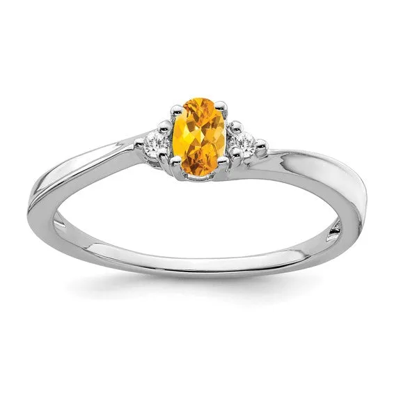 14k White Gold Oval 5x3mm Citrine And Diamond Ring