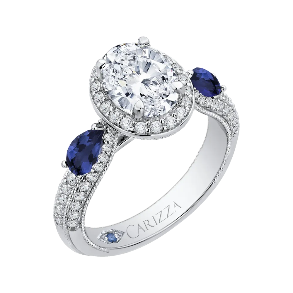 14K White Gold Oval Diamond Halo Engagement Ring with Sapphire (Semi Mount)