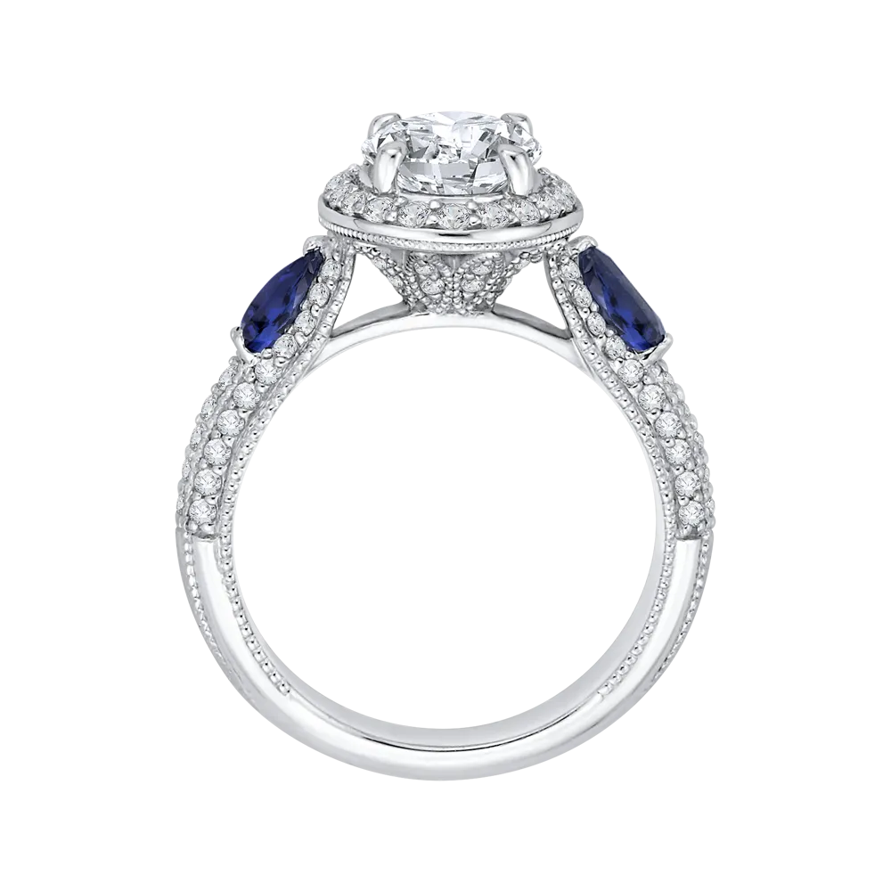 14K White Gold Oval Diamond Halo Engagement Ring with Sapphire (Semi Mount)