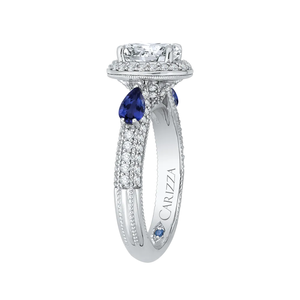 14K White Gold Oval Diamond Halo Engagement Ring with Sapphire (Semi Mount)