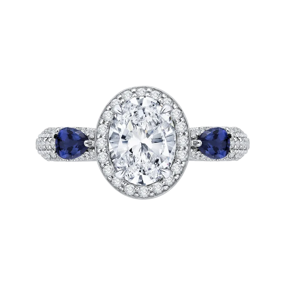 14K White Gold Oval Diamond Halo Engagement Ring with Sapphire (Semi Mount)